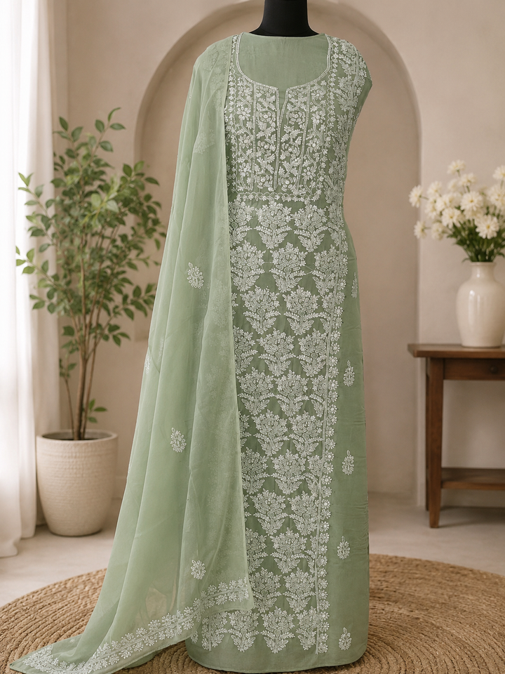 Olive green Chikankari Orzanga Kurta duppata Fabric