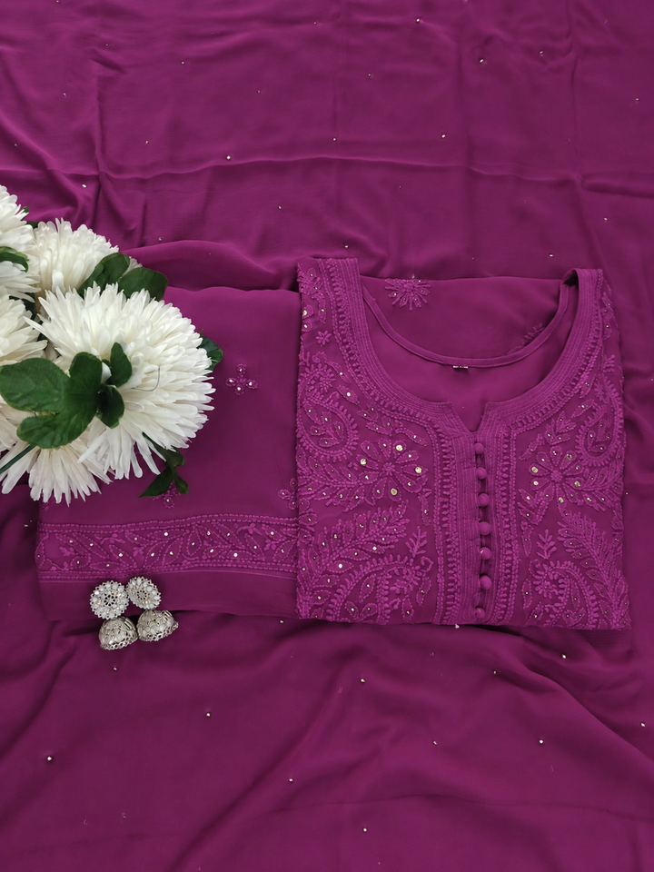Purple Chikankari Georgette Suit Set-Custom Made