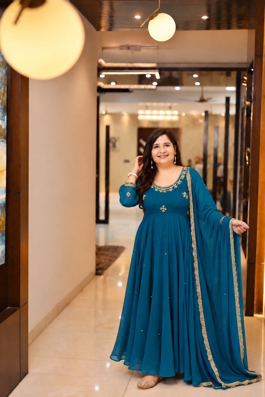 Teal Blue Georgette embroidery Anarkali dupatta set -Custom Made