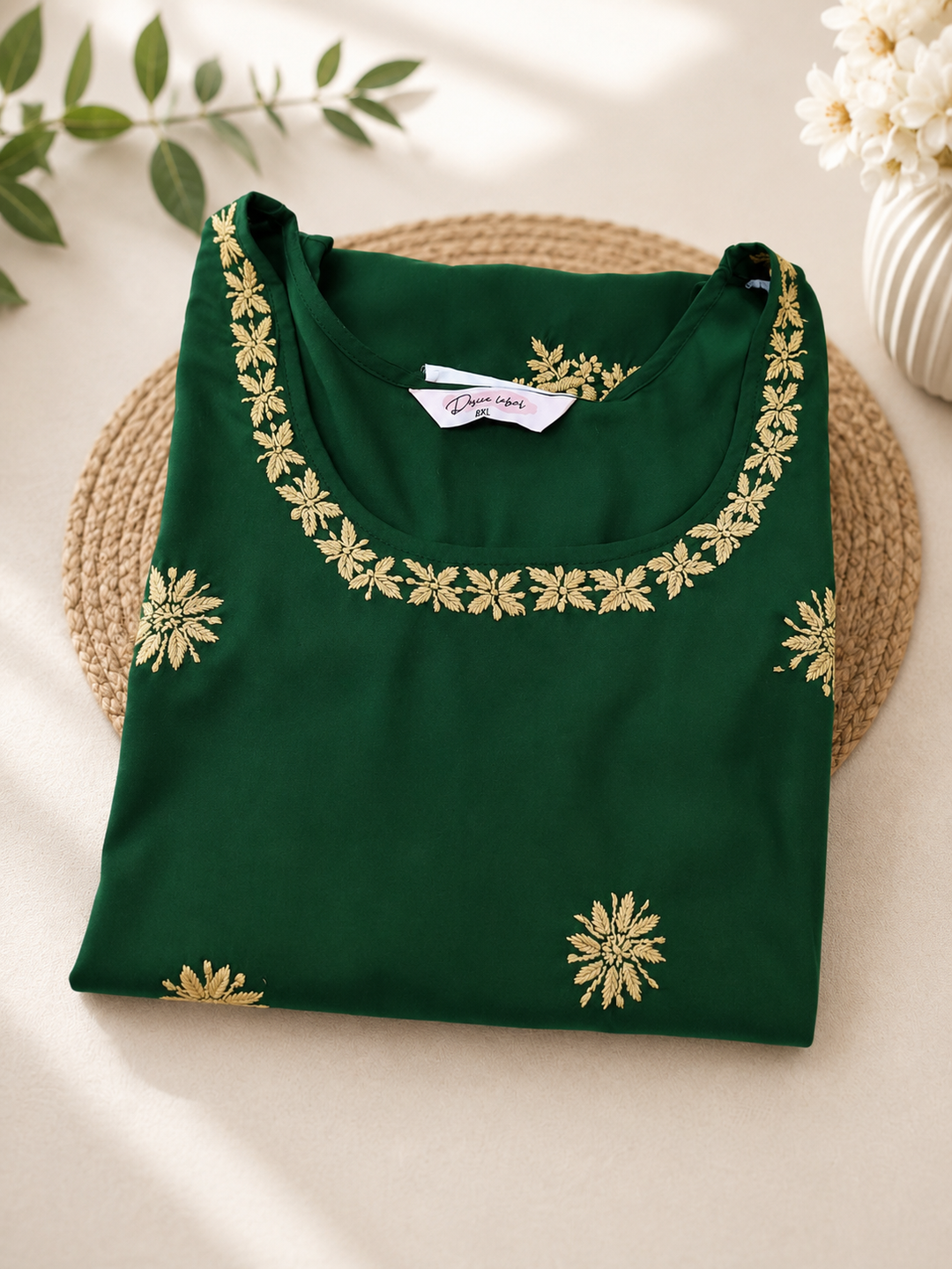Dark Green rayon Chikankari short kurta