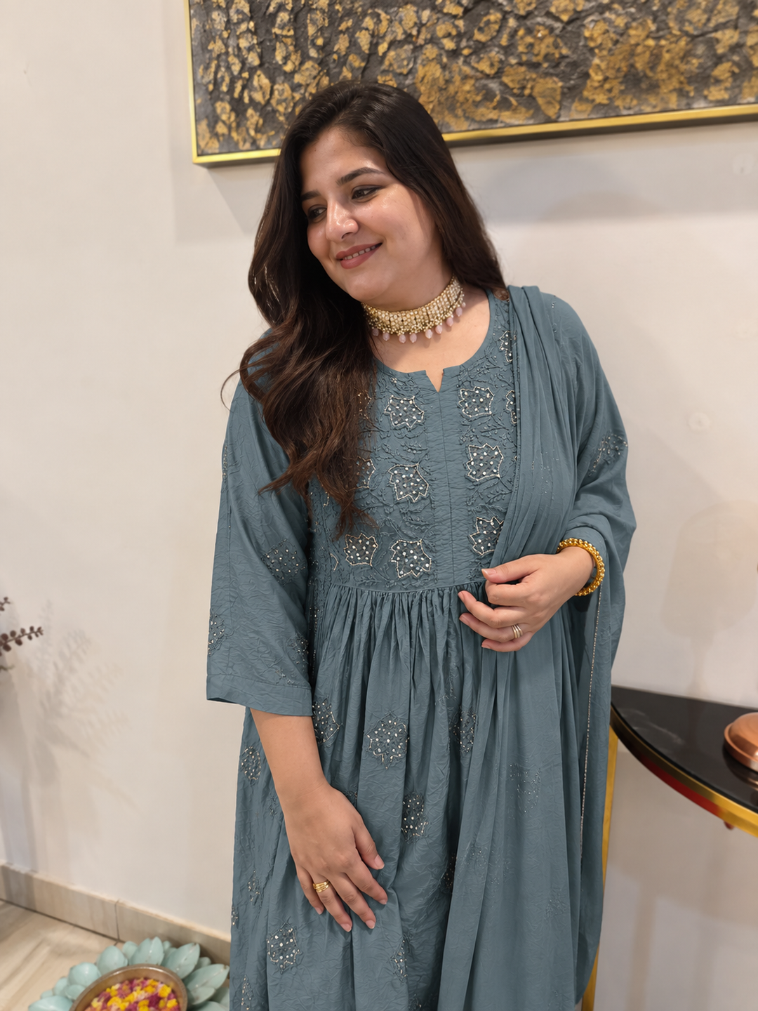 Grey Chanderi Chikankari Suit Set