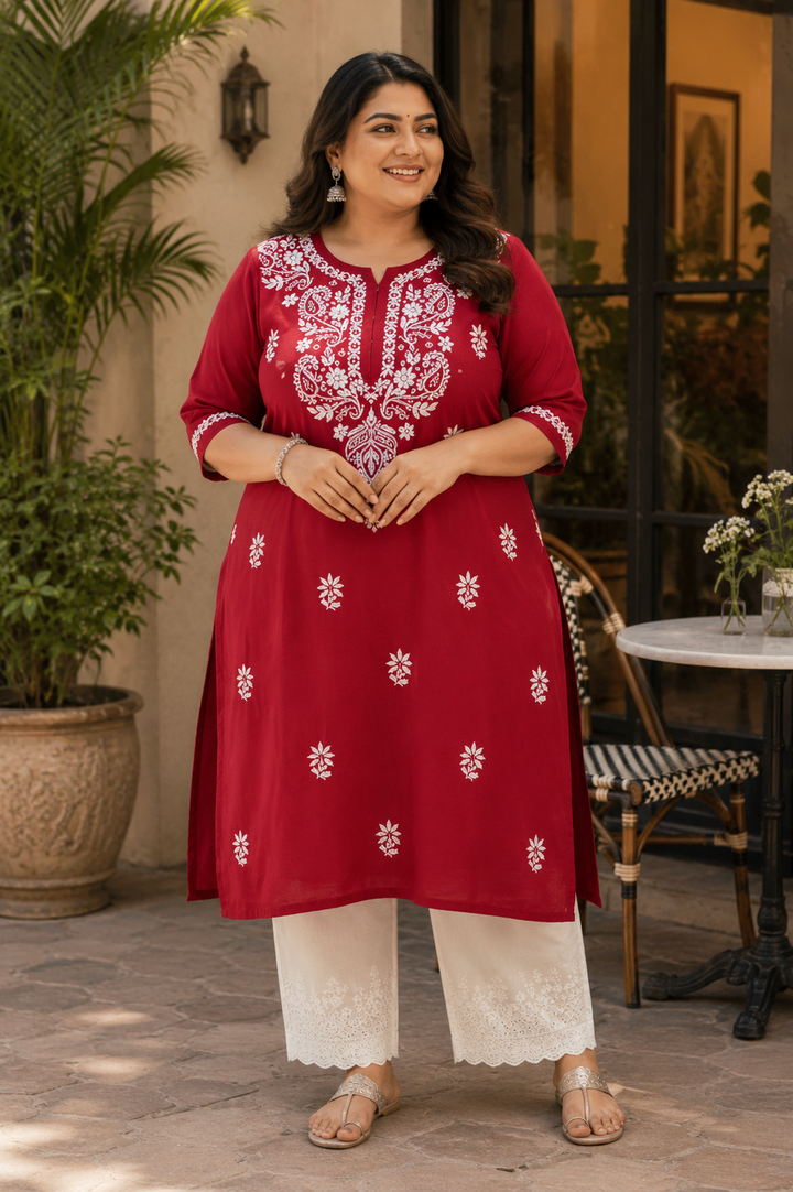 Maroon Rayon Chikankari Short kurta -Custom Made