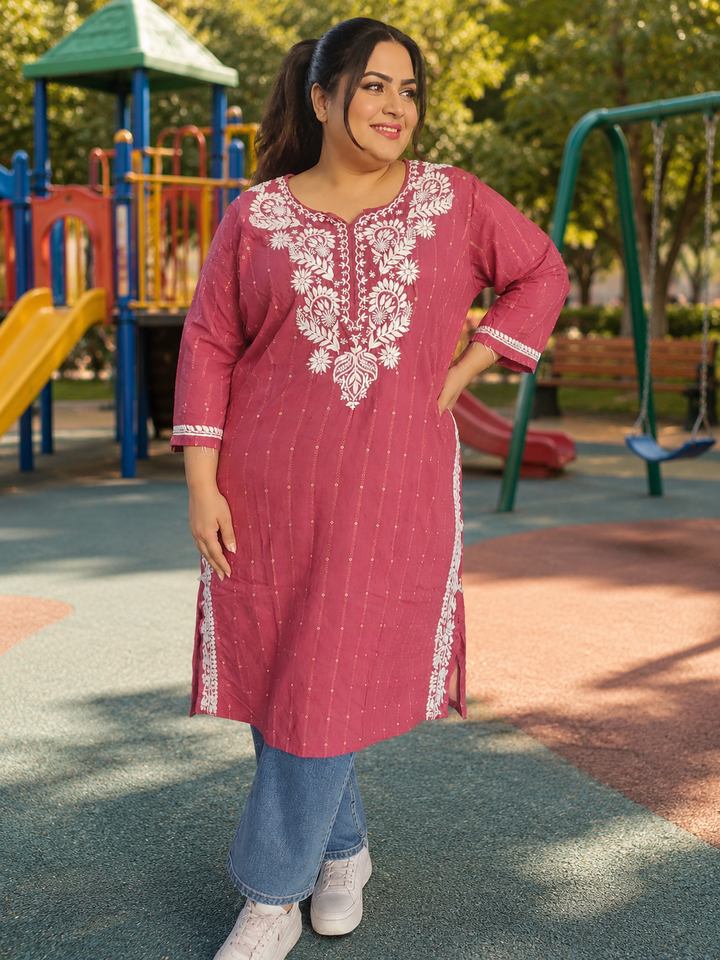 Onion pink printed Chikankari Kurta
