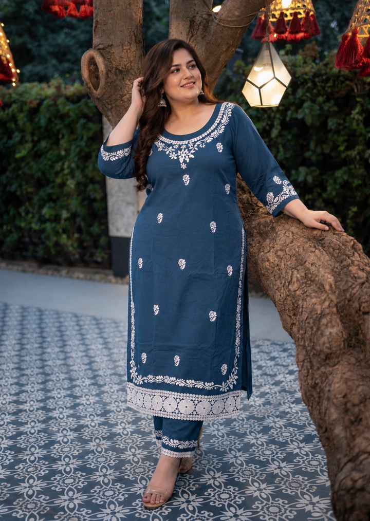 Peacock Blue Rayon Chikankari Kurta Pant Set