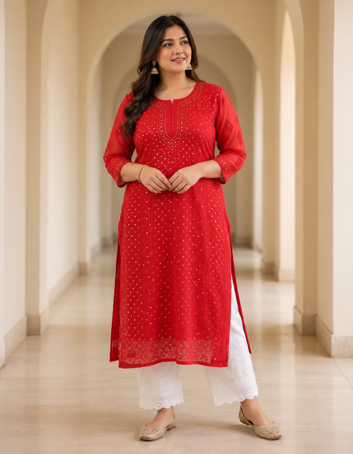 Red Georgette Chikankari kurta