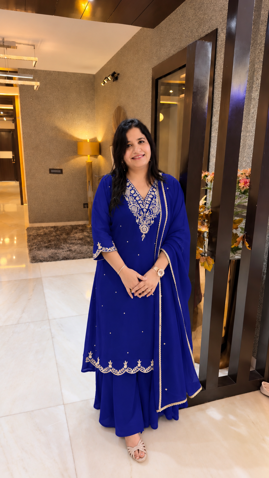 Navy Blue Georgette embroidered suit Set-Custom Made