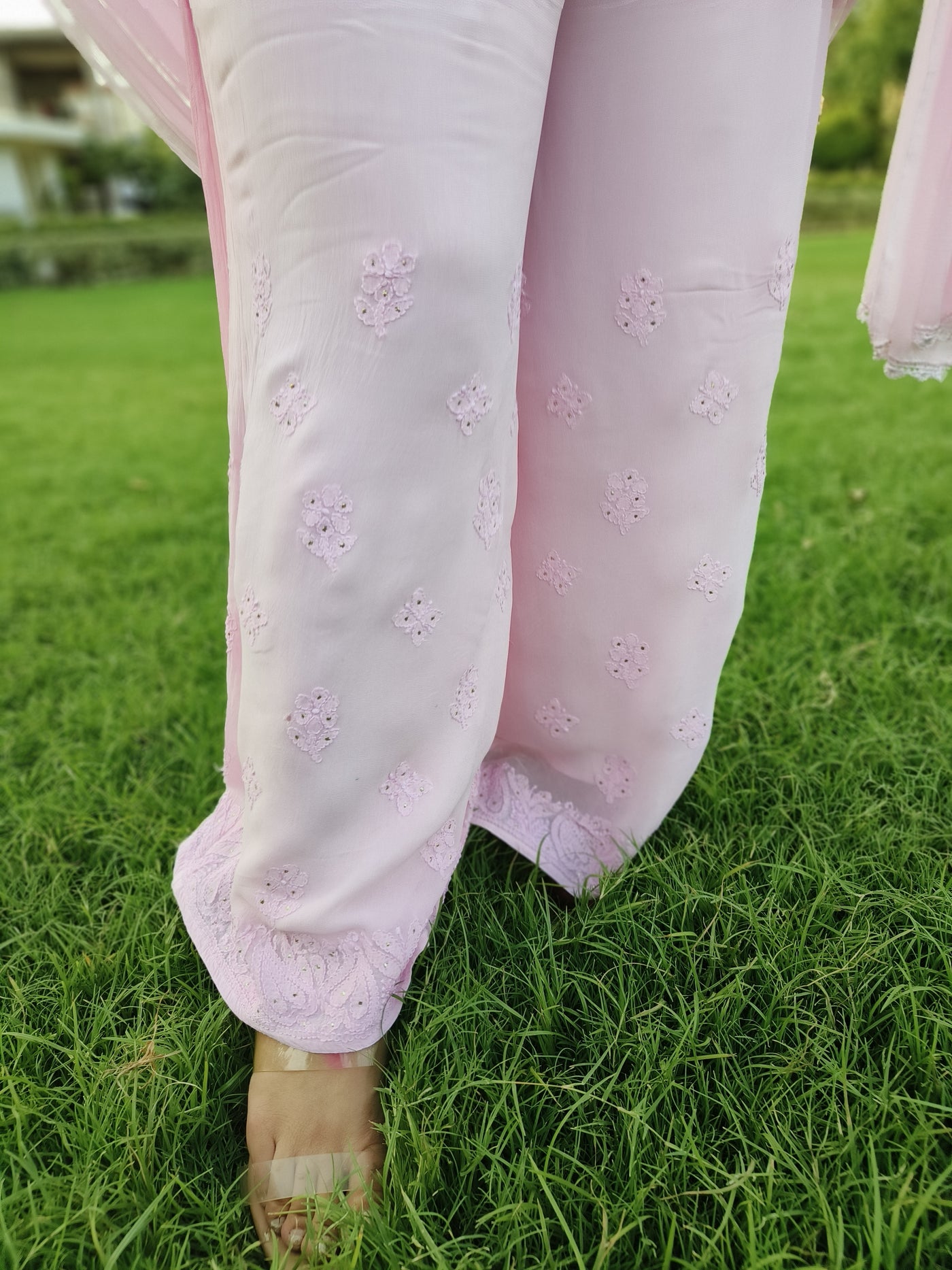 Light Pink Pure Georgette Plazzo with mukaish work