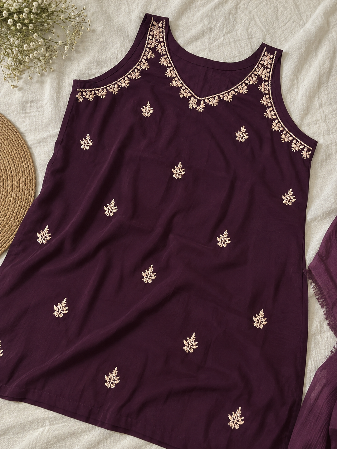 Wine Rayon Chikankari short kurta -Custom Made