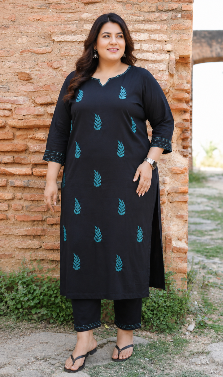 Black Rayon Chikankari Kurta With Pant Set-Custom Made