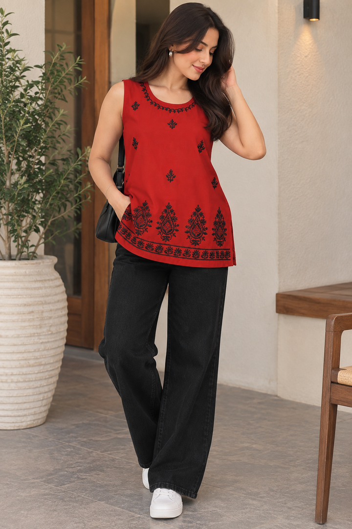 Red rayon chikankari short kurta - Custom Made