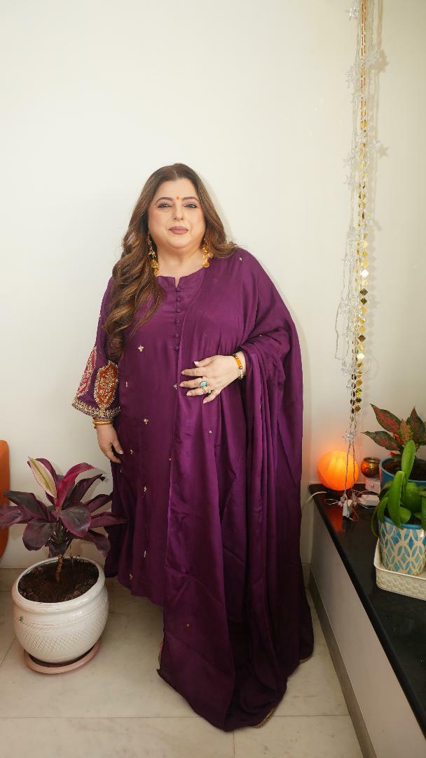 Wine A-Line Hand Embroidered Suit Set-Custom Made