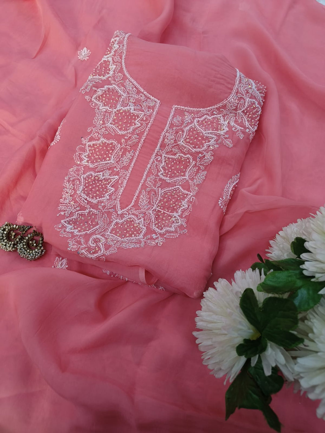 Peachy rose organza Chikankari Kurta Duppata Fabric