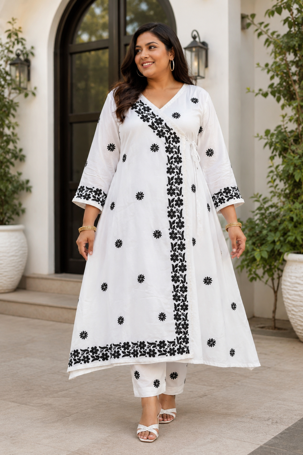 White Rayon Chikankari Angrakha Kurta With Pant Set -Custom Made