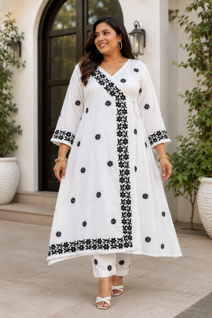 White Rayon Chikankari Angrakha Kurta With Pant Set -Custom Made