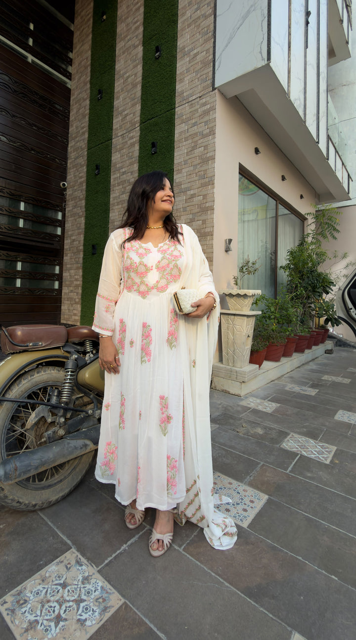 White A-line Chikankari Georgette Set - Custom made