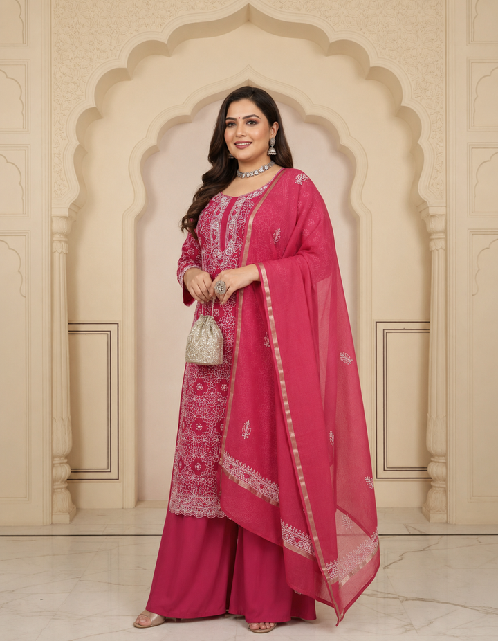 Dark Peach Chanderi Chikankari Suit Fabric -Custom Made