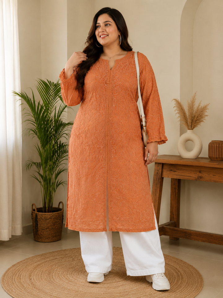 Orange Chanderi Chikankari Kurta