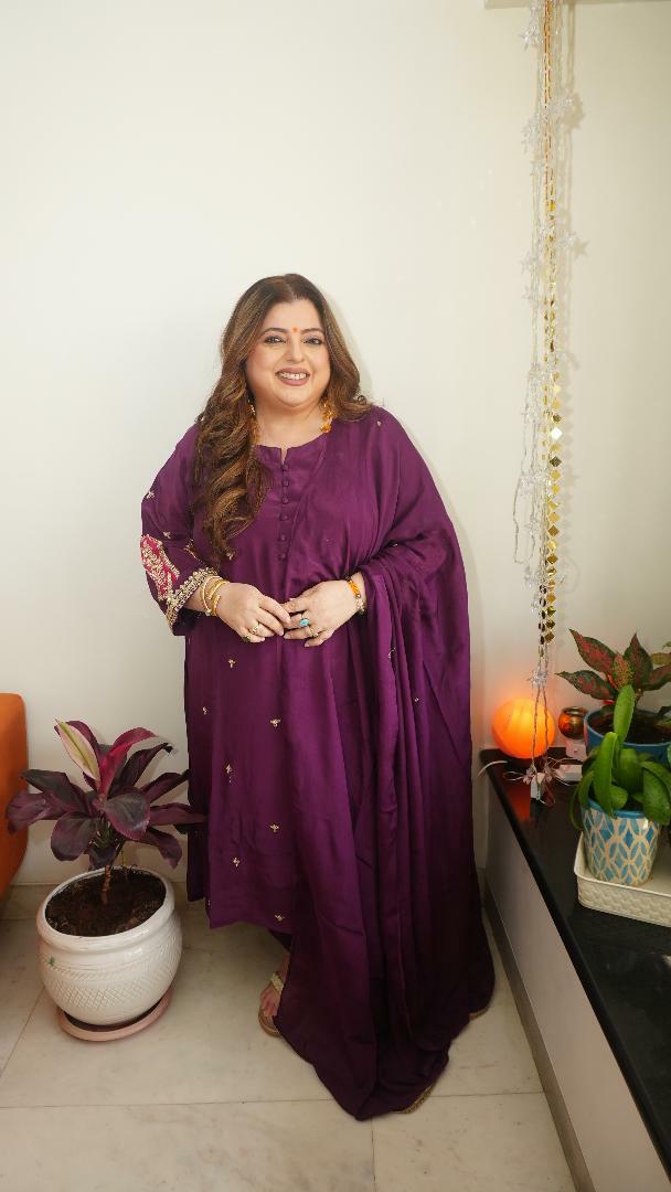 Wine A-Line Hand Embroidered Suit Set-Custom Made