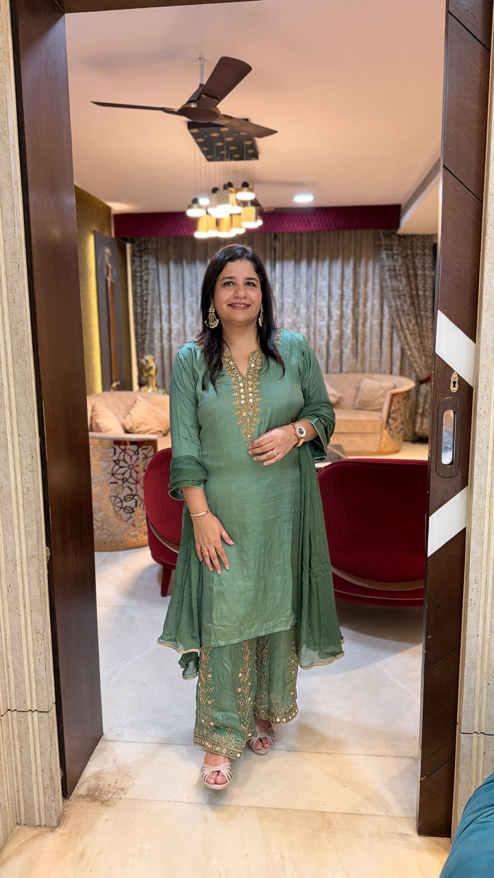 Green Hand Embroidered Suit Set -Custom Made