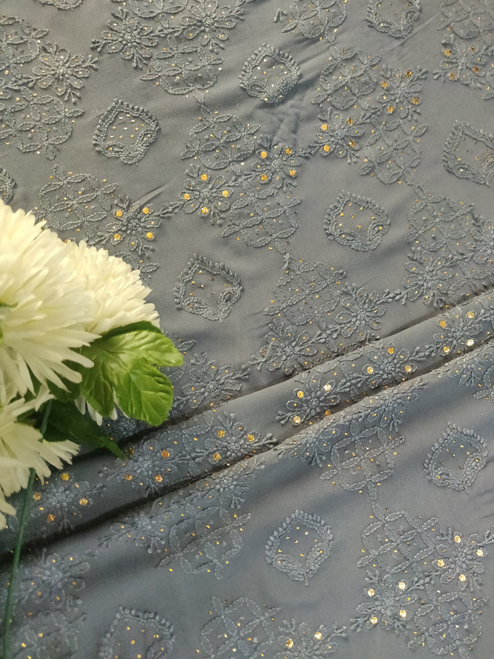 Grey Pure Georgette Chikankari Kurta Dupatta Fabric