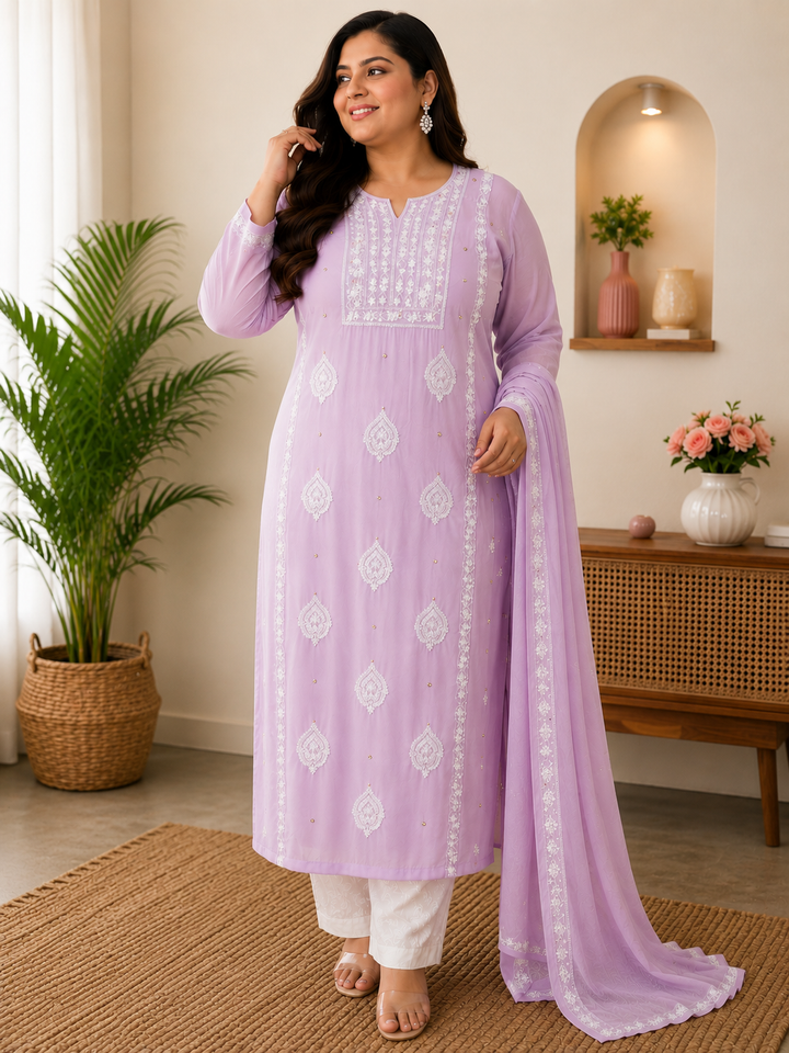 Lilac Lavender Georgette Chikankari Kurta duppata fabric