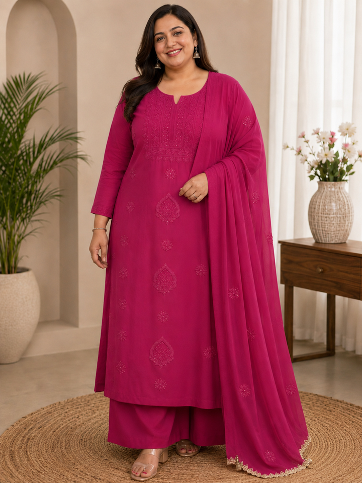 Rani Pink Pure Georgette Chikankari kurta dupatta Fabric