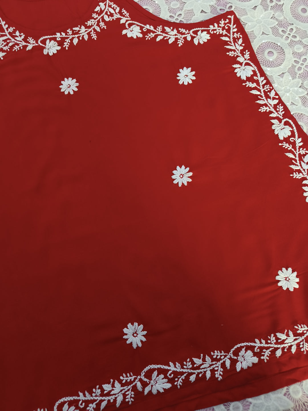 Red rayon Chikankari short kurta-Custom Made