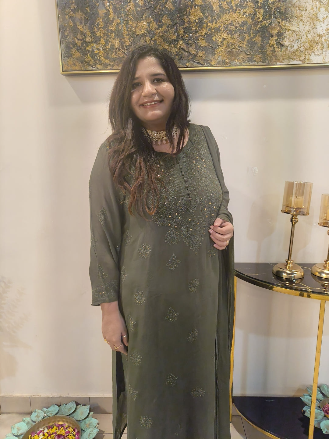 Olive green Georgette Chikankari Suit Set-Custom Made