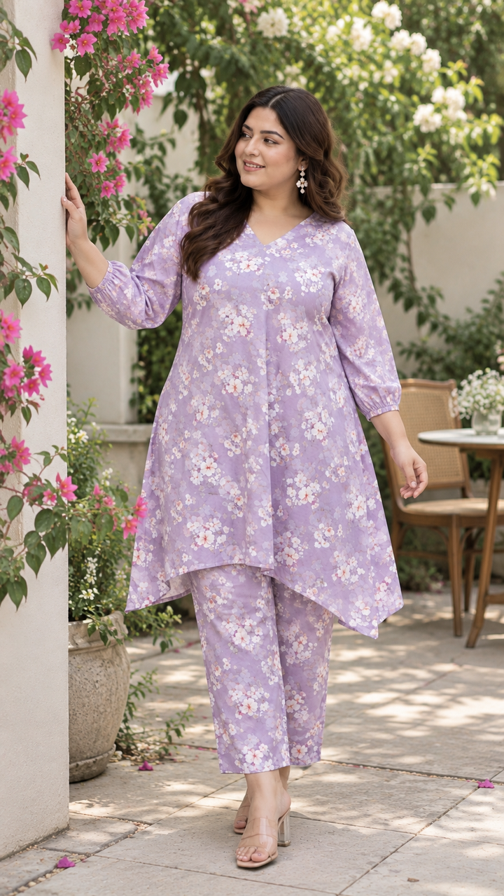 Light Purple Printed Modal Cotton Kurta With Pant Set