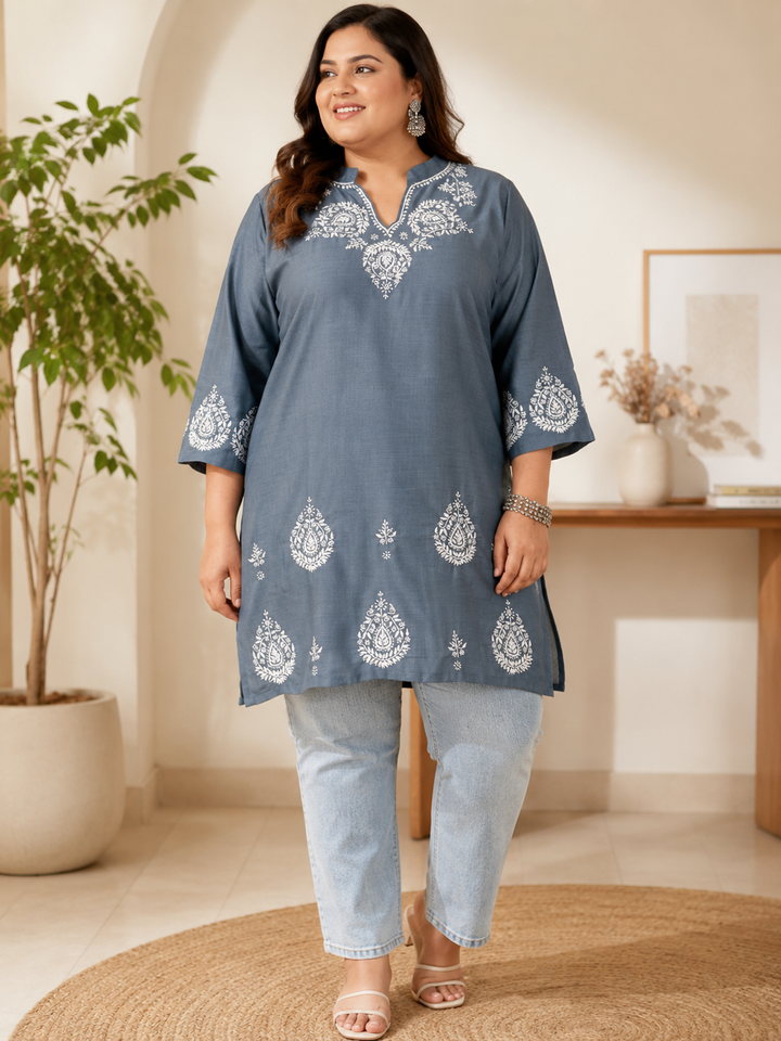Linen Grey Chikankari Short Kurta