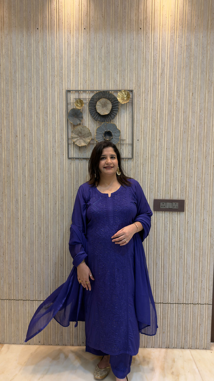Royal Blue Rayon Chikankari Suit Set - Custom Made