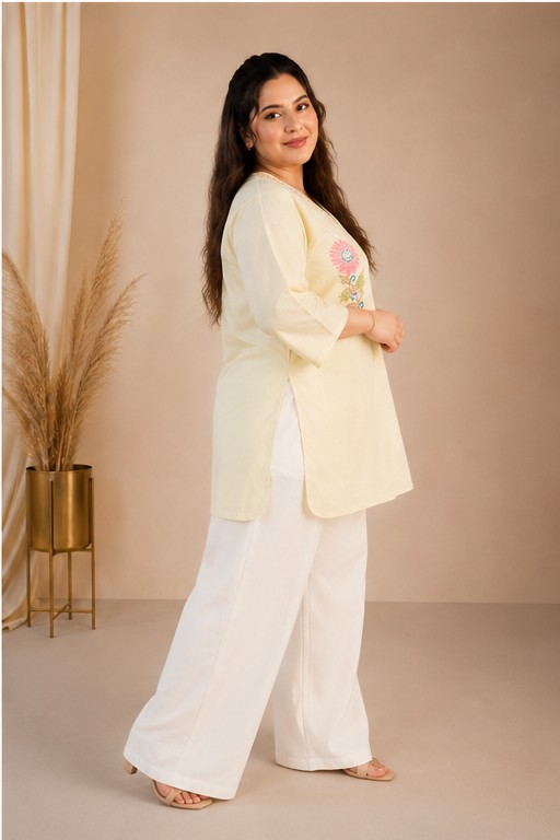 Linen Cotton Beige Chikankari short kurta-Custom Made