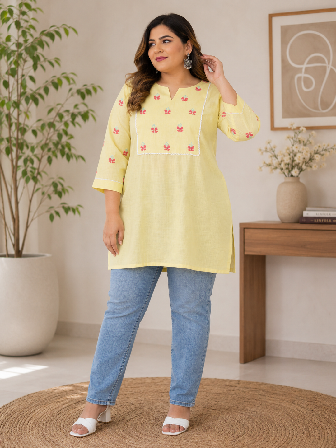 Linen Light Yellow Chikankari Short kurta