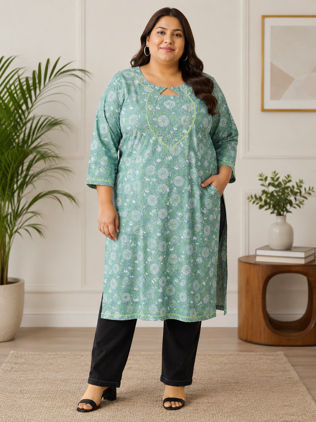 Green cotton printed kurta