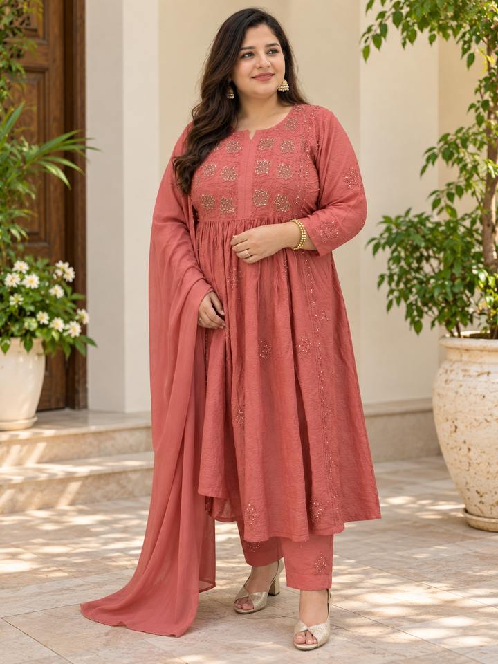 Rust Chanderi Chikankari Suit Set