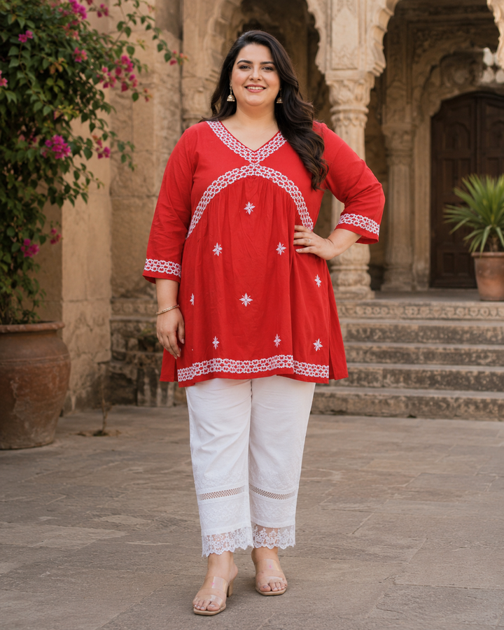 Red A-Line Rayon Chikankari Short Kurta  -Custom Made