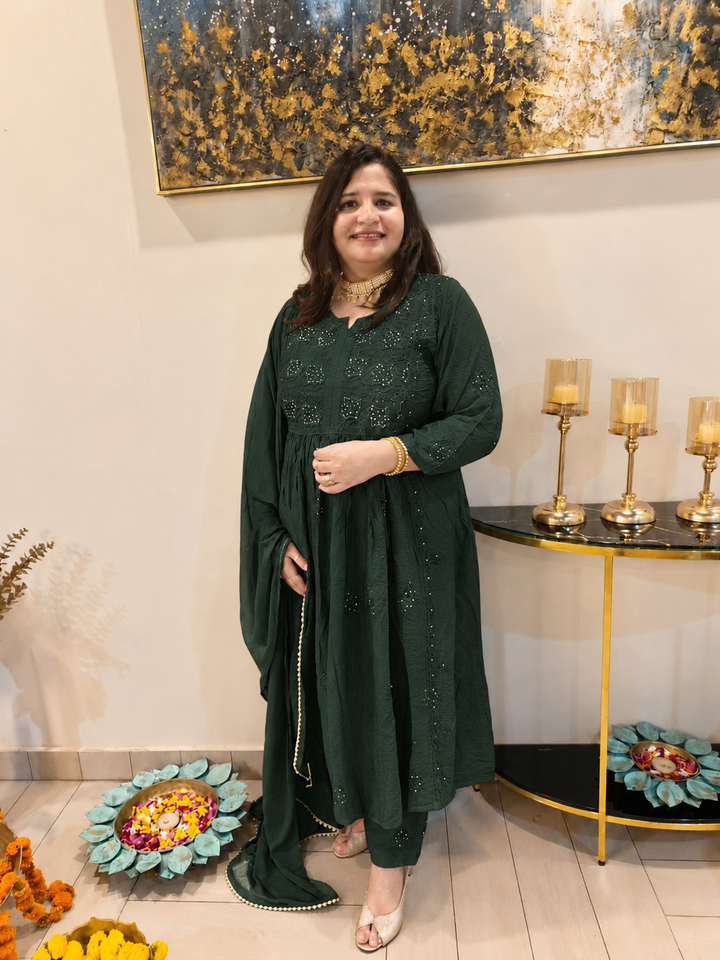 Dark green Chanderi Chikankari Suit Set