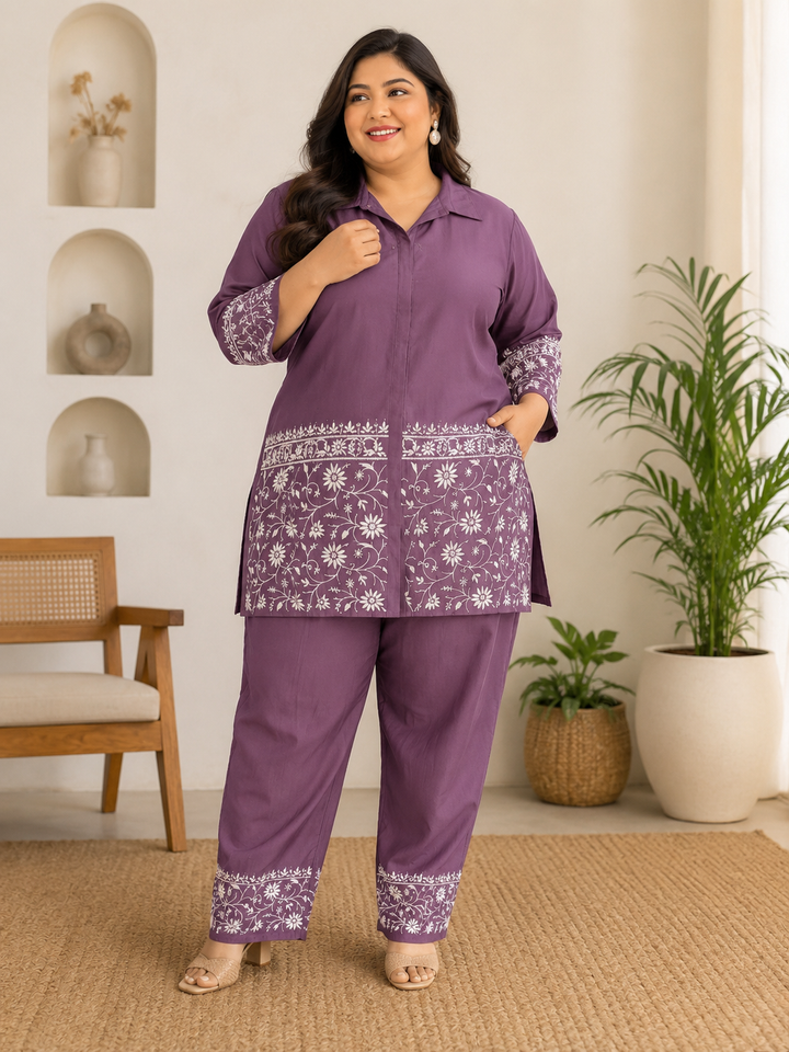 Lavender Chanderi Chikankari Co-ord set-Custom made