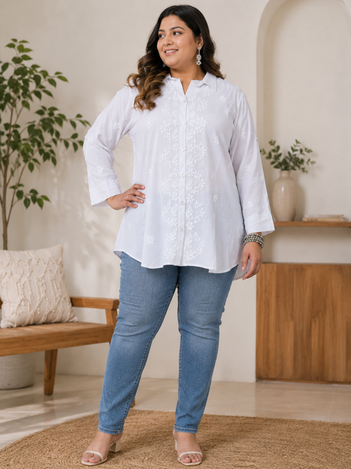 White Rayon Chikankari Short kurta -Custom Made