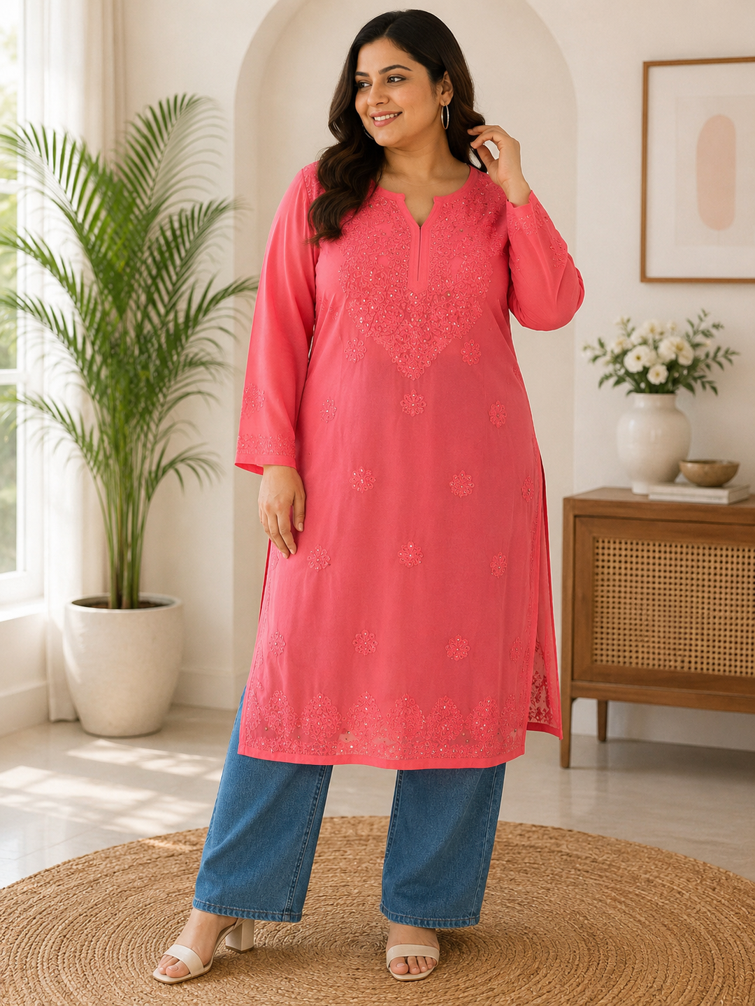 Pink Georgette Chikankari kurta