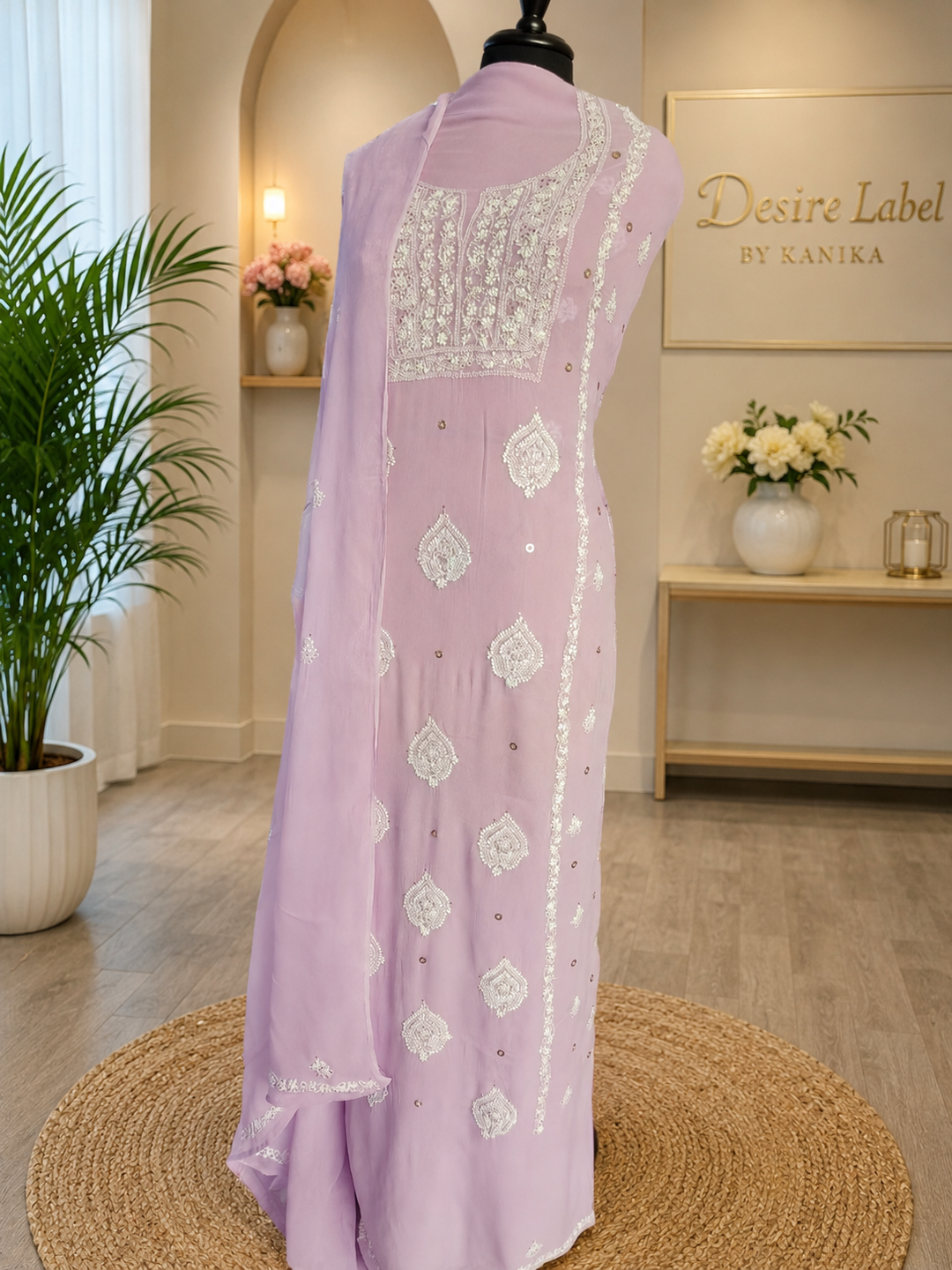 Lilac Lavender Georgette Chikankari Kurta duppata fabric