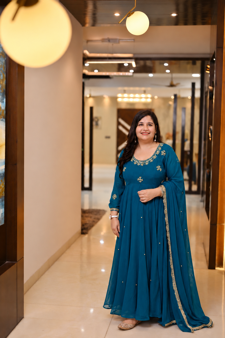 Teal Blue Georgette embroidery Anarkali dupatta set -Custom Made