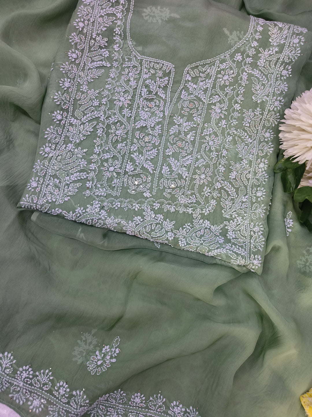Olive green Chikankari Orzanga Kurta duppata Fabric