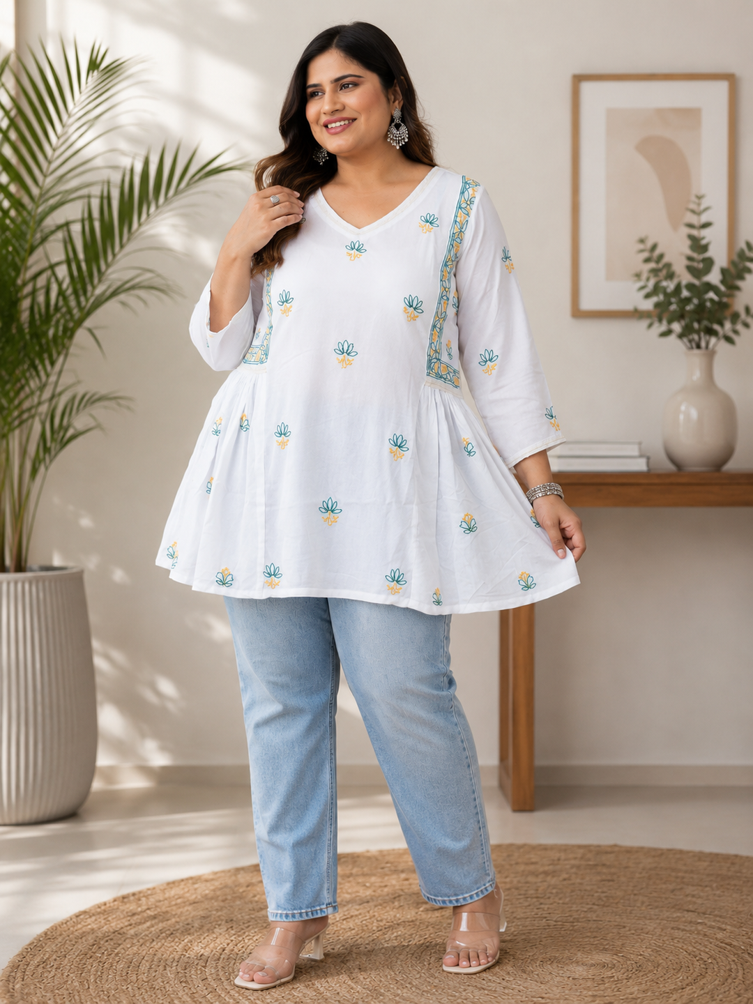 White Rayon Chikankari Short kurta -Custom Made