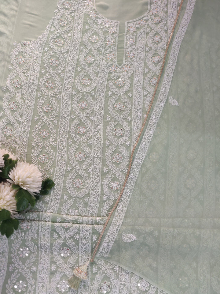 Light Green Pure Georgette Chikankari kurta dupatta Fabric