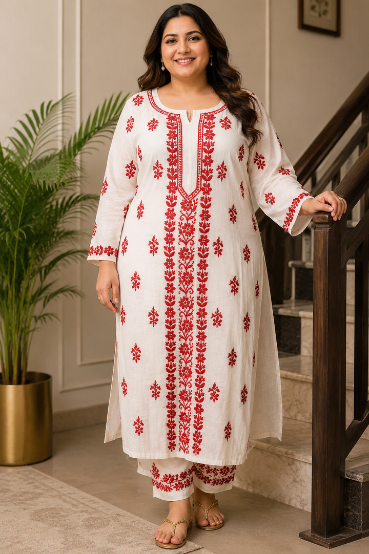 White Rayon Chikankari Kurta Pant Set- Custom Made