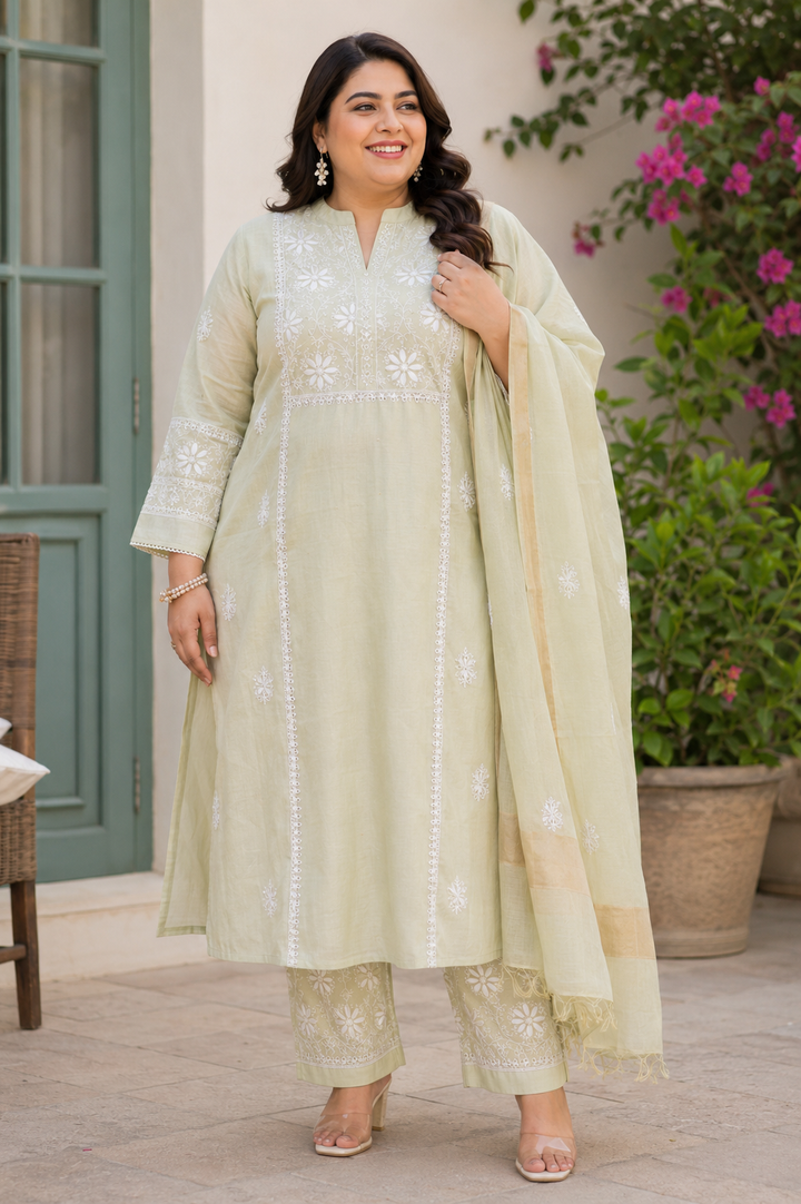Mint Green Chanderi Chikankari Suit Set -Custom Made