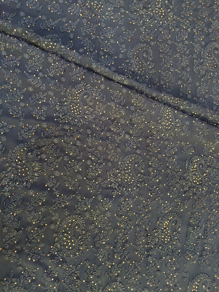 Navy Blue Georgette Chikankari Kurta Duppata Fabric
