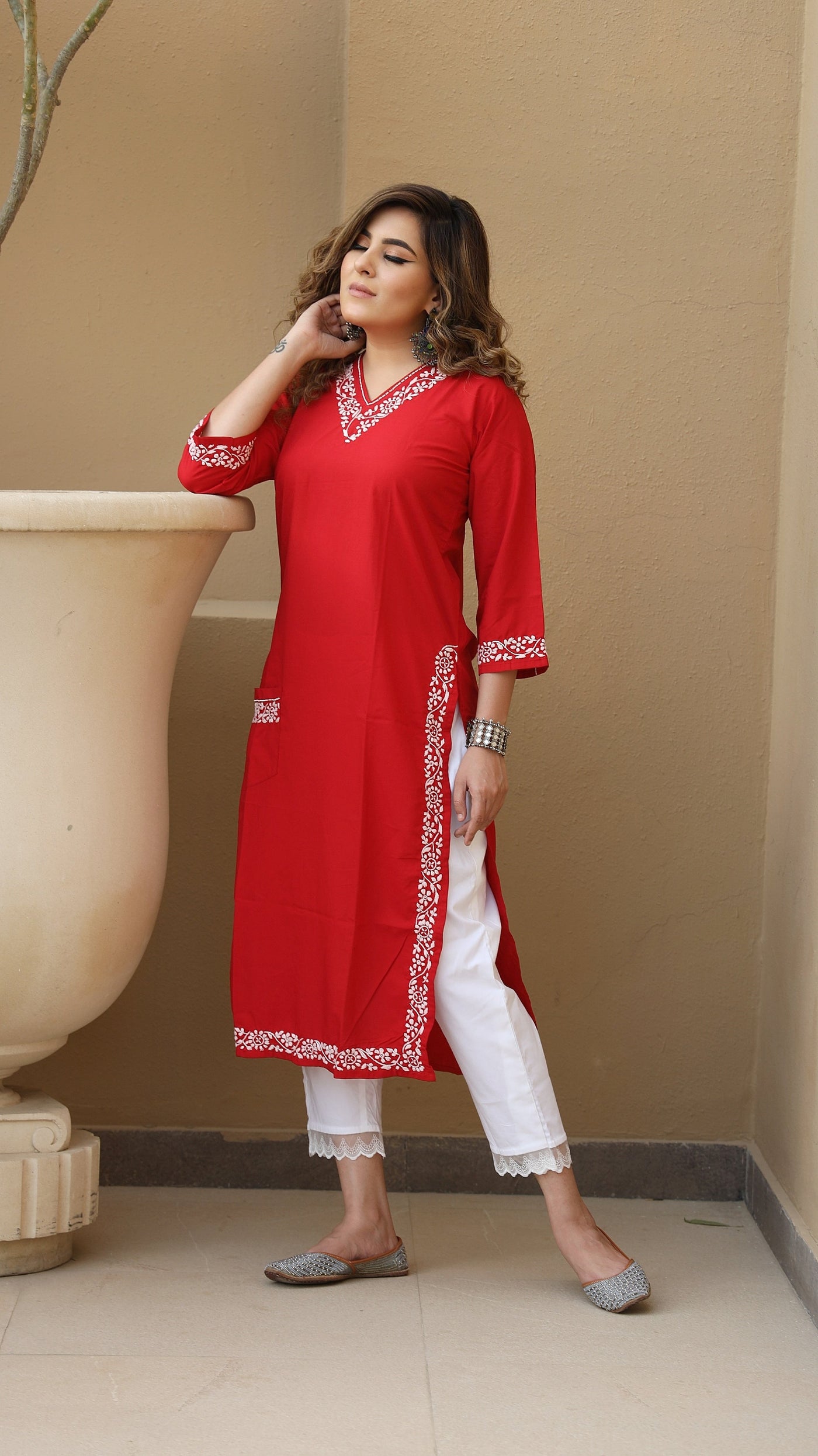 Pocket Style Red  Rayon Chikankari Kurta-Custom Made