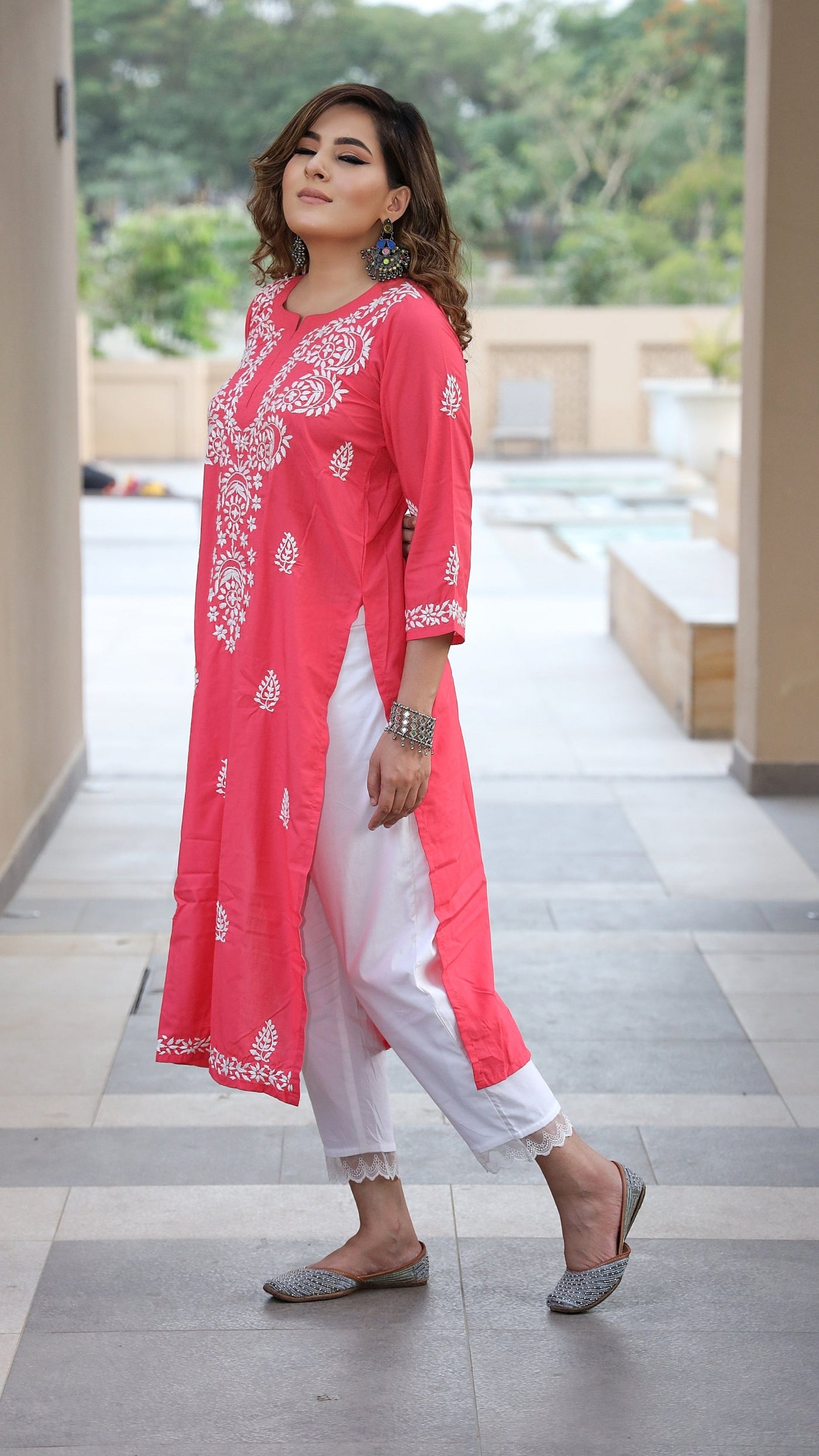 Peach Rayon Chikankari Kurta- Custom Made